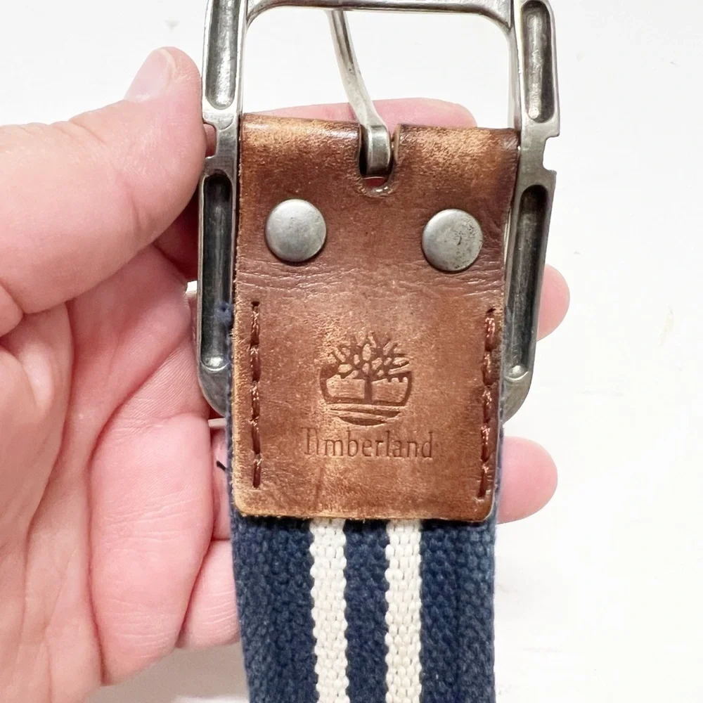 Timberland Mens Vintage White Navy Striped Canvas Grommet Detail Leather Belt